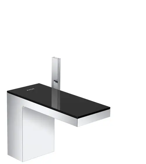 Einhebel-Waschtischmischer in Chrom mit schwarzem Glasoberteil von AXOR. Die Armatur verfügt über eine Push-Open Ablaufgarnitur und ein modernes Design.